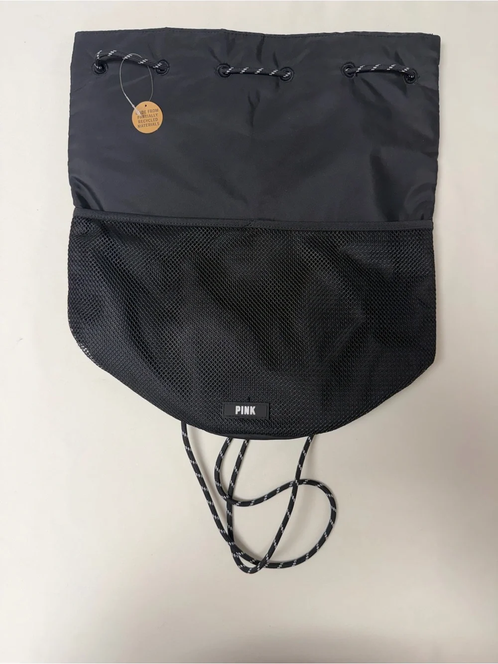 NWT-Victoria’s Secret PINK Drawstring Black Nylon & Mesh Backpack 16 x 16 x 9